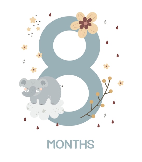 Baby milestone card Cartoon elephant number hand drawing lettering decor elements