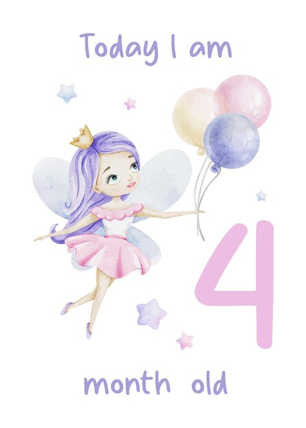 Vector baby milestone card of cute little fairy with air balloons and stars babys four month four months of baby girl monthly numbers cards newborn month postcard card for kids photos