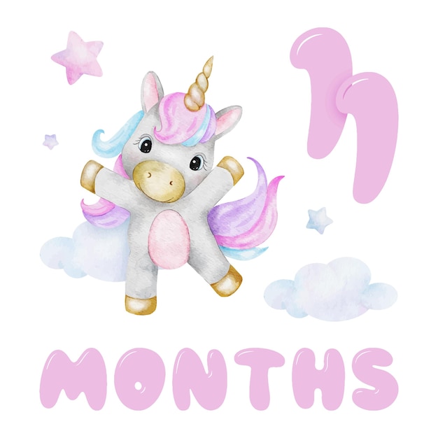 Vector baby milestone card of cute unicorn cloud and stars babys eleven month eleven months of baby girl monthly numbers cards newborn month postcard card for kids photos