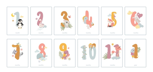 Vector baby monthly numbers cards newborn months postcards babies milestone decor number from 1 to 11 with cute animals nowaday vector celebration banners or birthday card to baby illustration