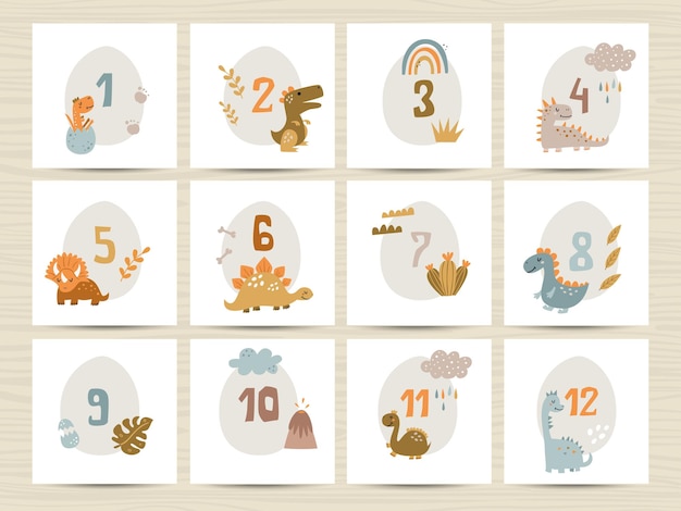 Vector baby number cards for newborns prints featuring cute dinosaurs by month printable cards templates