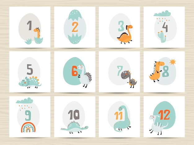 Baby number cards for newborns Prints featuring cute dinosaurs by month