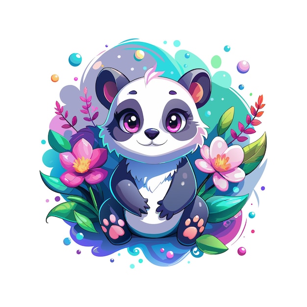 Baby Panda watercolor With floral splashes