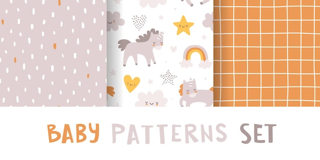 Baby pattern collection Cute seamless beige vector prints set Scandinavian kids patterns