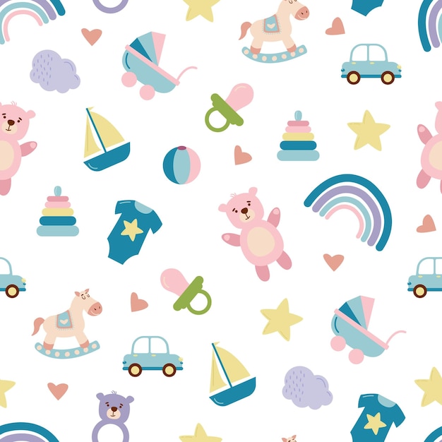 Baby pattern with child's toys objects Seamless pattern with baby things Design for fabrics text