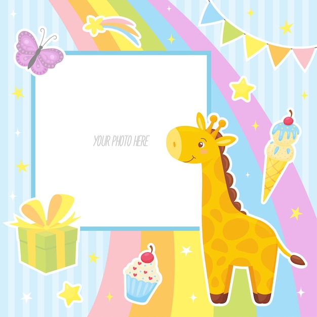 Baby photo frame with cute giraffe, butterfly, gift, rainbow and other elements. 