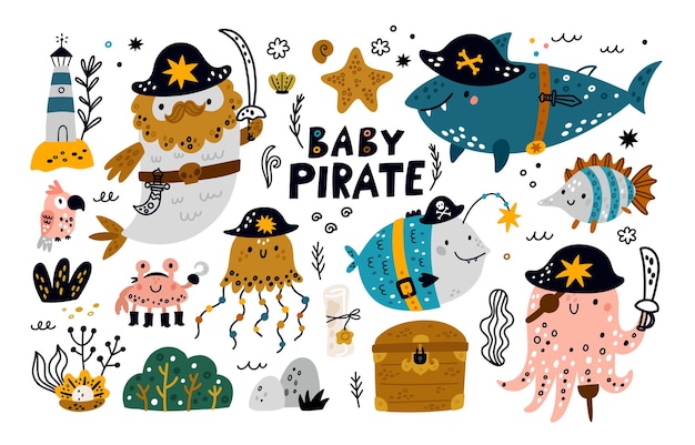 Baby pirate vector set with cute cartoon shark octopus crab jellyfish Sea animals pirates