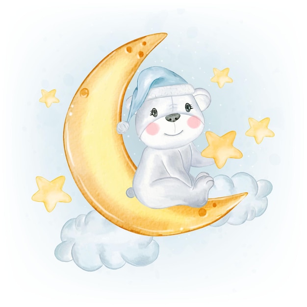 Baby Polar Bear holding star on the moon watercolor illustration