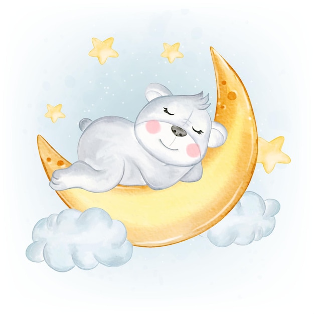 Baby Polar Bear sleeping on the moon watercolor illustration