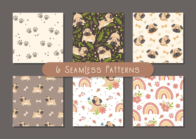 Baby pug kids seamless patterns set. Dog or puppy and spring flowers