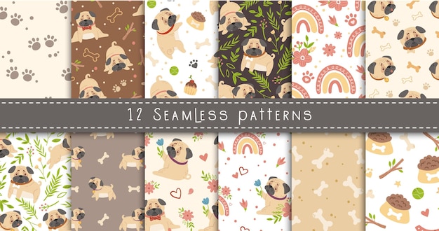 Baby pug seamless patterns set, Dog or puppy and spring flowers