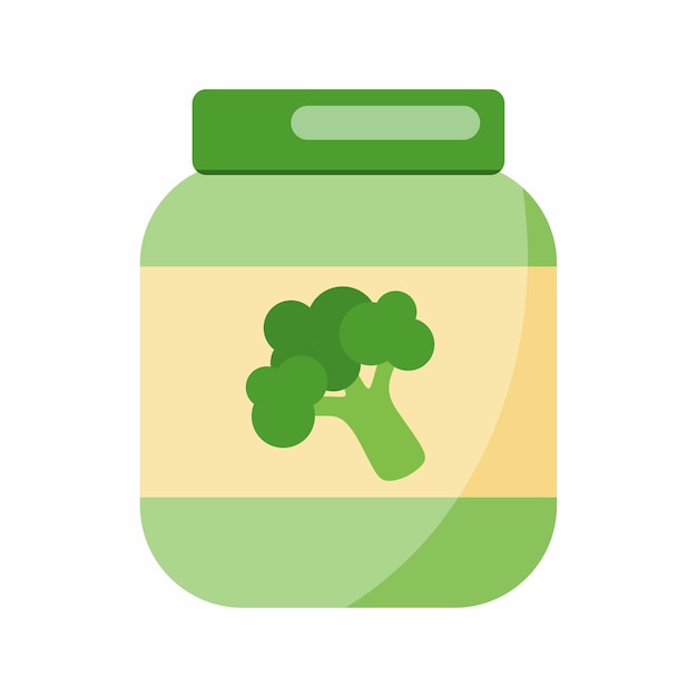 Baby puree with broccoli. Vector illustration with baby food.