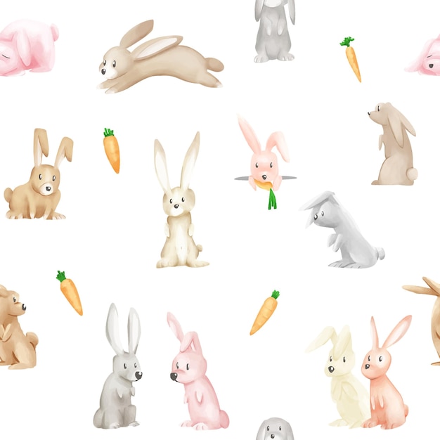 Baby rabbits cartoon art on white background watercolor illustration funny style seamless pattern