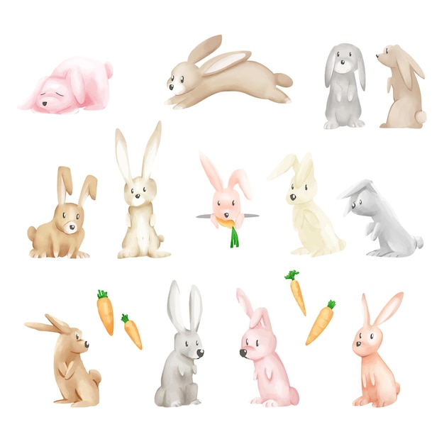 Baby rabbits cartoon posing on white background watercolor illustration cute funny style