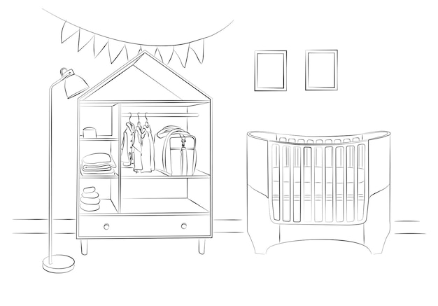 Baby room graphic black white interior sketch illustration vector