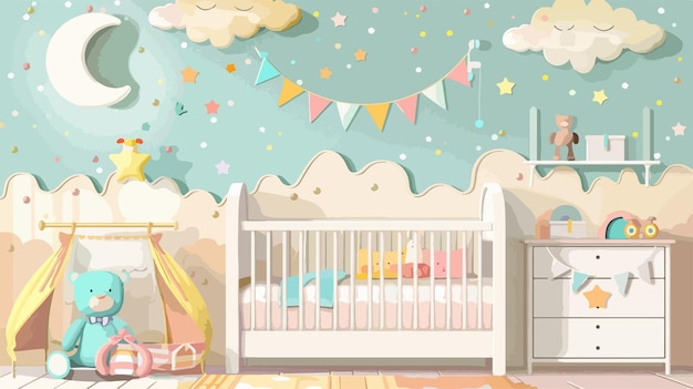 Vector baby room with a cloud and a baby in the background