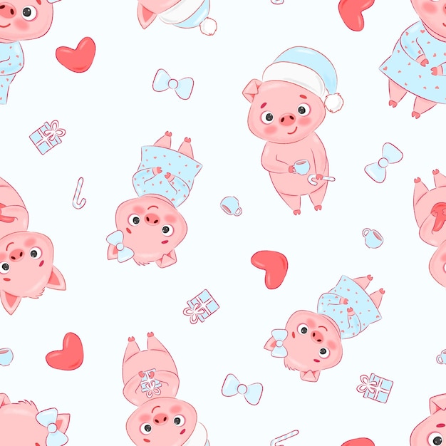 baby seamless pattern on blue background piglets