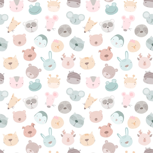 Baby seamless pattern with hand drawn animals. Seamless background with cute animals head.  childish style great for fabric and textile, wallpapers, backgrounds.