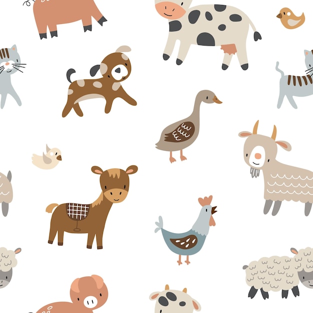 Baby seamless vector illustration with lamb donkey chicken cow goat dog cat pig on white background Pattern of farm animals for fabric children's room decoration wrapping paper