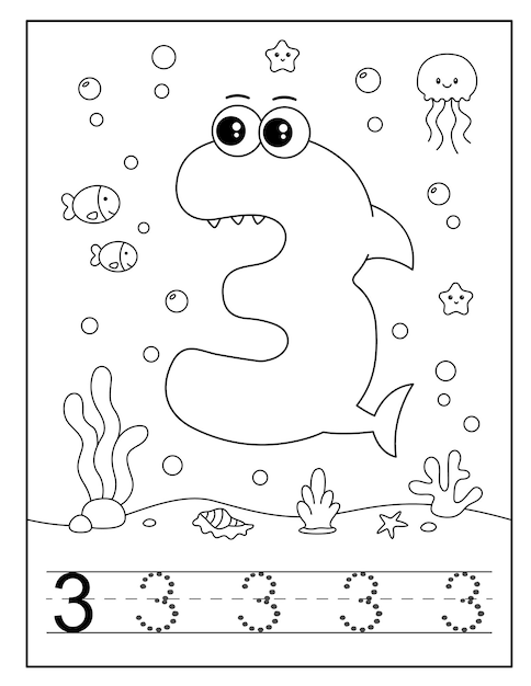 Baby shark number coloring page for children