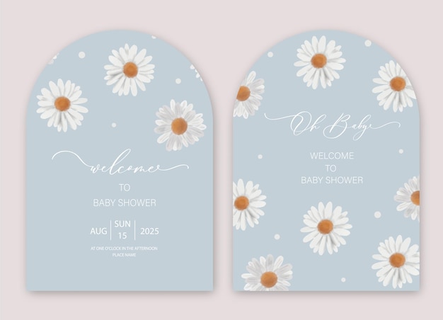 Baby Shower Arch Invitation card with calligraphy and watercolor chamomile