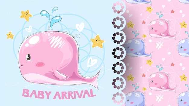 Baby shower arrival card with whale pattern  