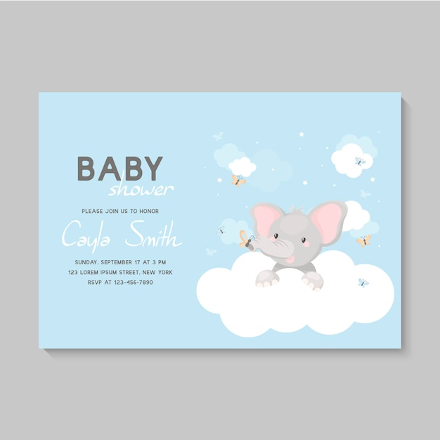 Vector baby shower card with baby animal elephant on a cloud.