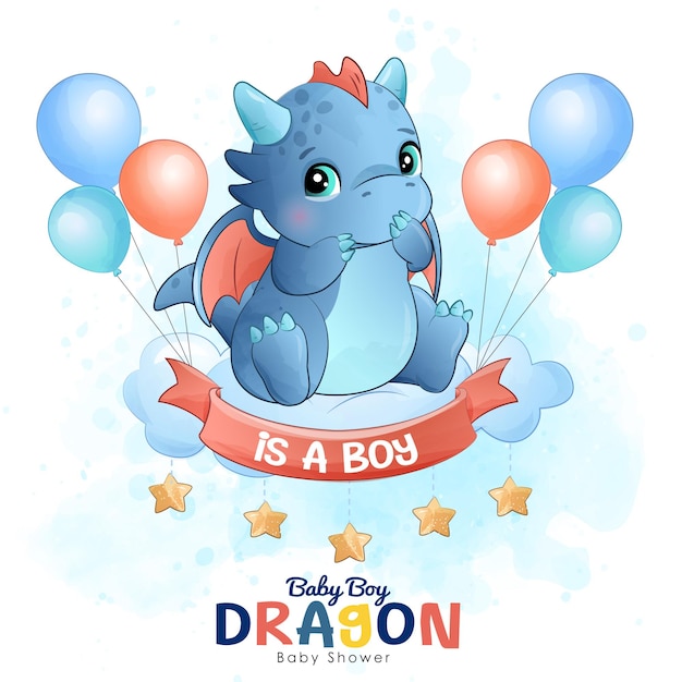 A baby shower card with a blue dragon and balloons with the words is a boy.