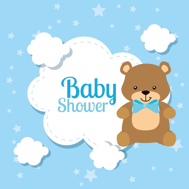 Baby shower card with cute bear and clouds