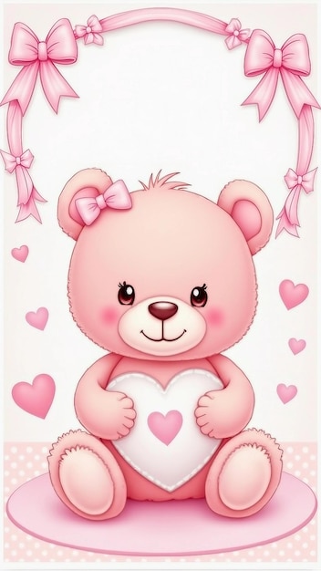 Vector baby shower card with pink teddy bear and bows