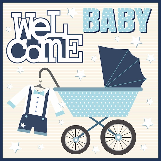 Vector baby shower card with stroller and clothe