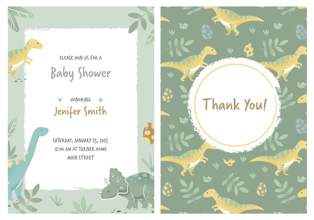 Vector baby shower cards invitations green baby dinosaurs hand drawn brontosaurus tyrannosaurus