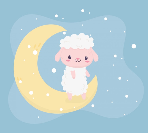 Vector baby shower cute little sheep sitting in moon card 