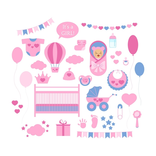 Baby shower girl icon vector set isolated on white background. Newborn sign balloon, rattle, pram, crib, bib, hat, booties, pin, gift, baby in blanket, handprint, footprint. Flat design illustration.