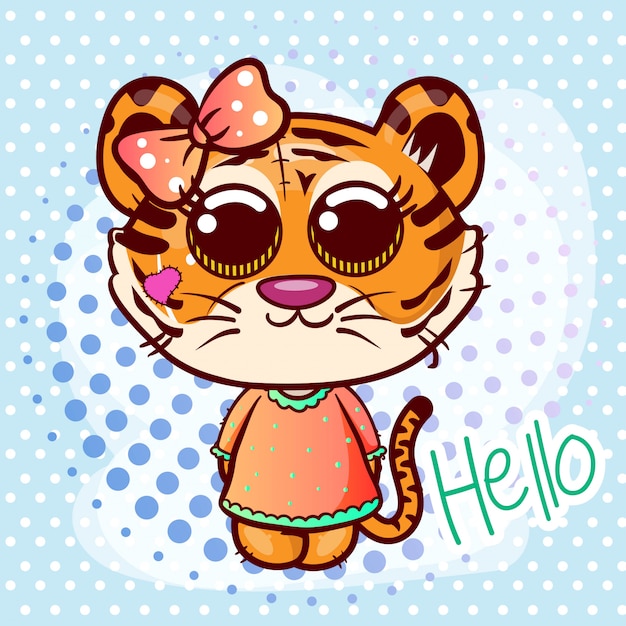 Baby Shower Greeting Card with cute Cartoon tiger girl - Vector