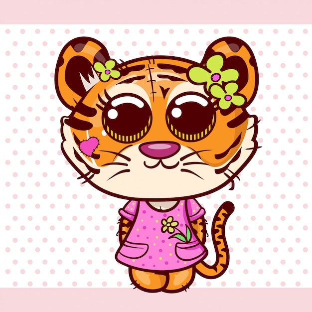 Baby Shower Greeting Card with cute Cartoon tiger girl - Vector