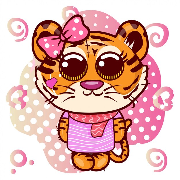 Vector baby shower greeting card with cute cartoon tiger girl - vector