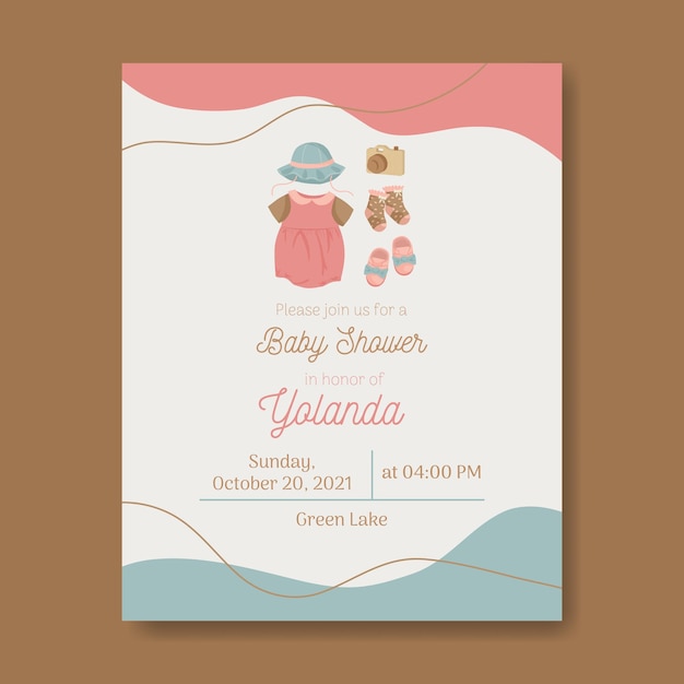 Baby shower invitation for baby girl with dress hat camera socks and shoes in warm colors