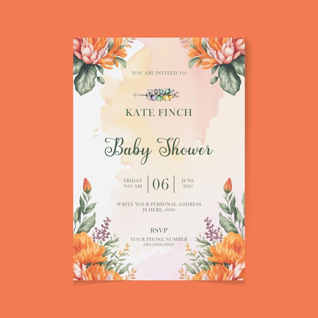 Baby shower invitation card with floral wreath