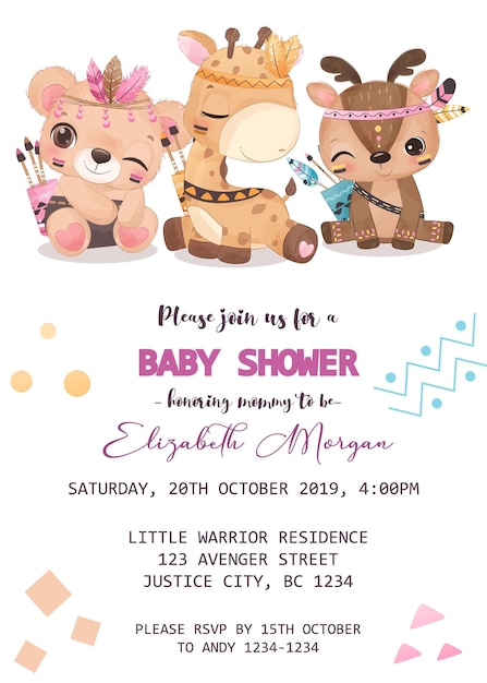 Baby shower invitation template with cute animals