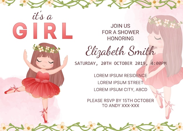 Baby shower invitation template with cute girl