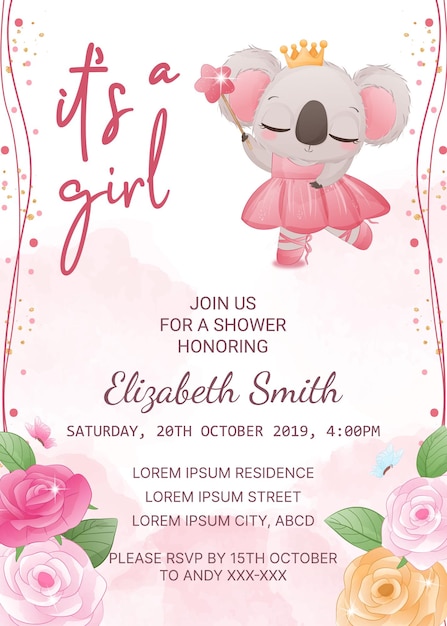 Baby shower invitation template with cute koala