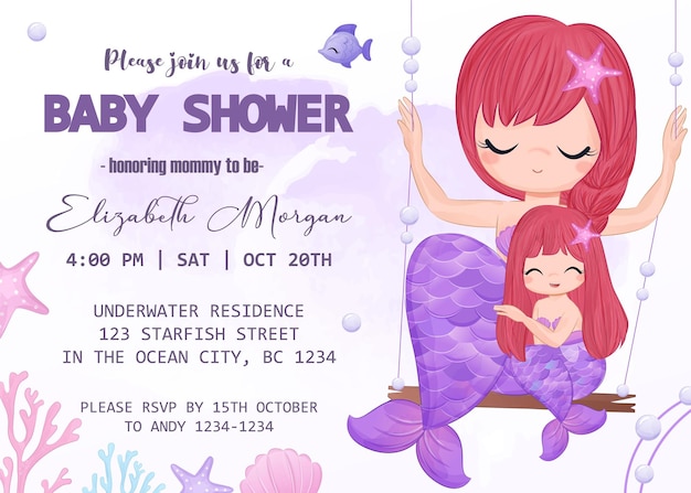 Baby shower invitation template with mermaid