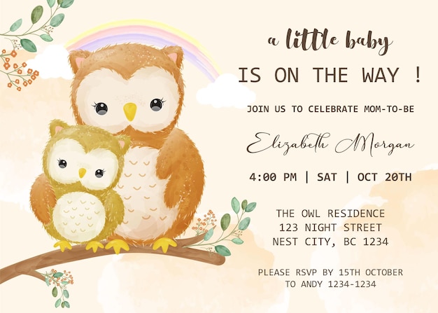 Baby shower invitation template with owl