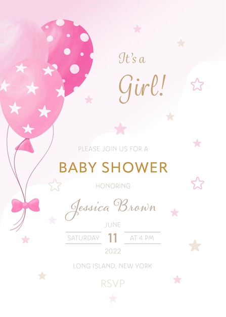 Baby shower invitation template with pink balloons It's a girl