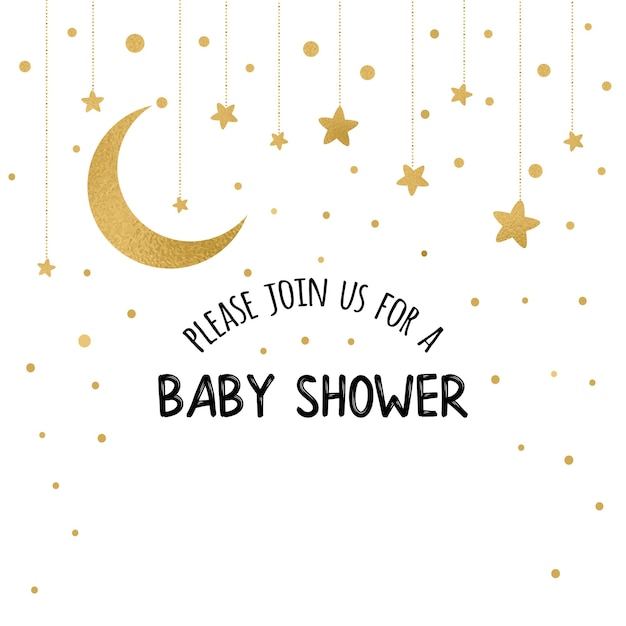 Baby Shower Invitation Template with sparkle golden moon gold stars on white background Gentle banner for children birthday party congratulation invitation Vector illustration logo sign label