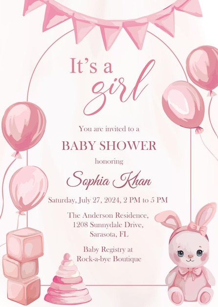 Vector baby shower invitation template with watercolor pink elements its a girl