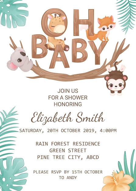 Baby shower invitation template with wild animals