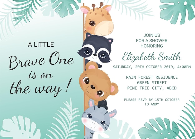 Baby shower invitation template with wild animals