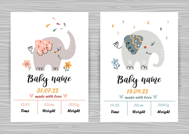 Baby shower invitation templates with cute elephants Date of birth height weight